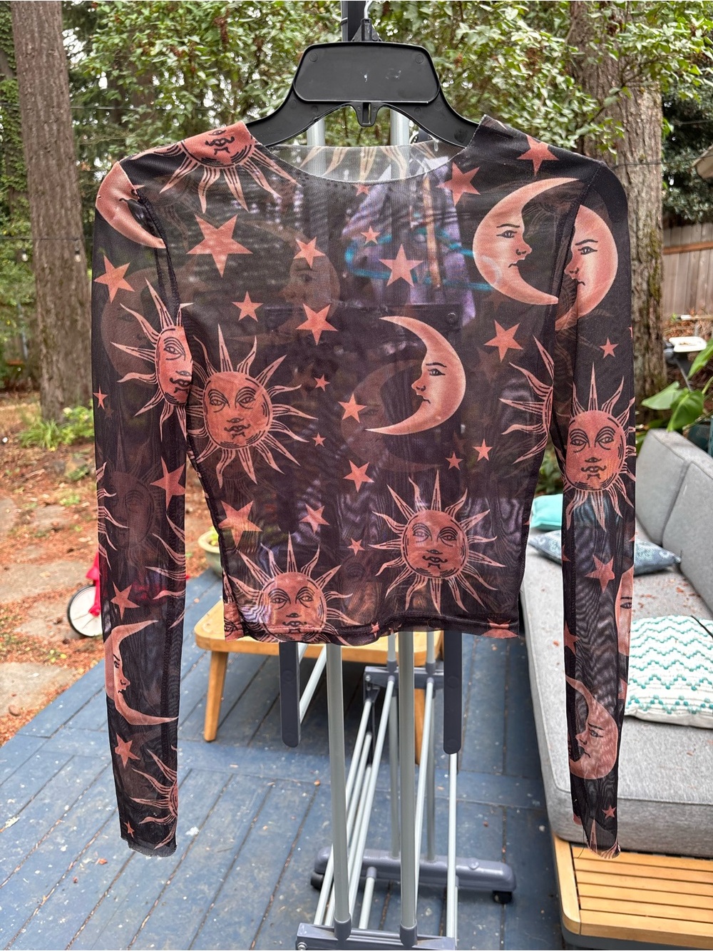 Sun & Moon Mesh Long-Sleeve Crop Top - Black/gold